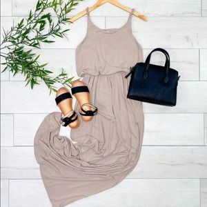 Tan Gathered Waist Maxi Dress